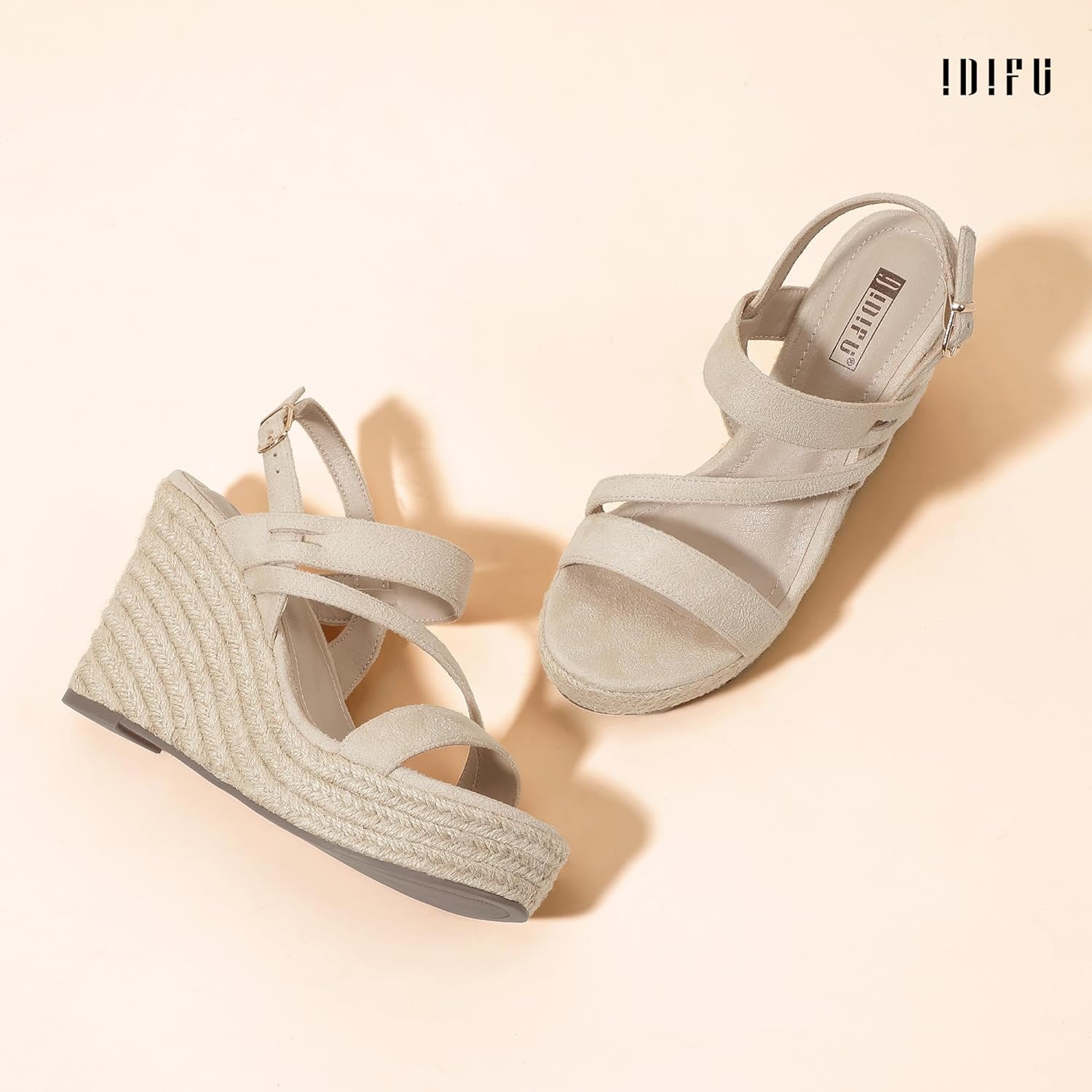image:imageIDIFU IN4 Espadrille Wedge Sandals for Women Platform Wedges Heels Wedding Bridal Ladies Open Toe Dressy Sandals Comfortable Summer Ankle Strap Strappy High Heel WedgesNude Suede