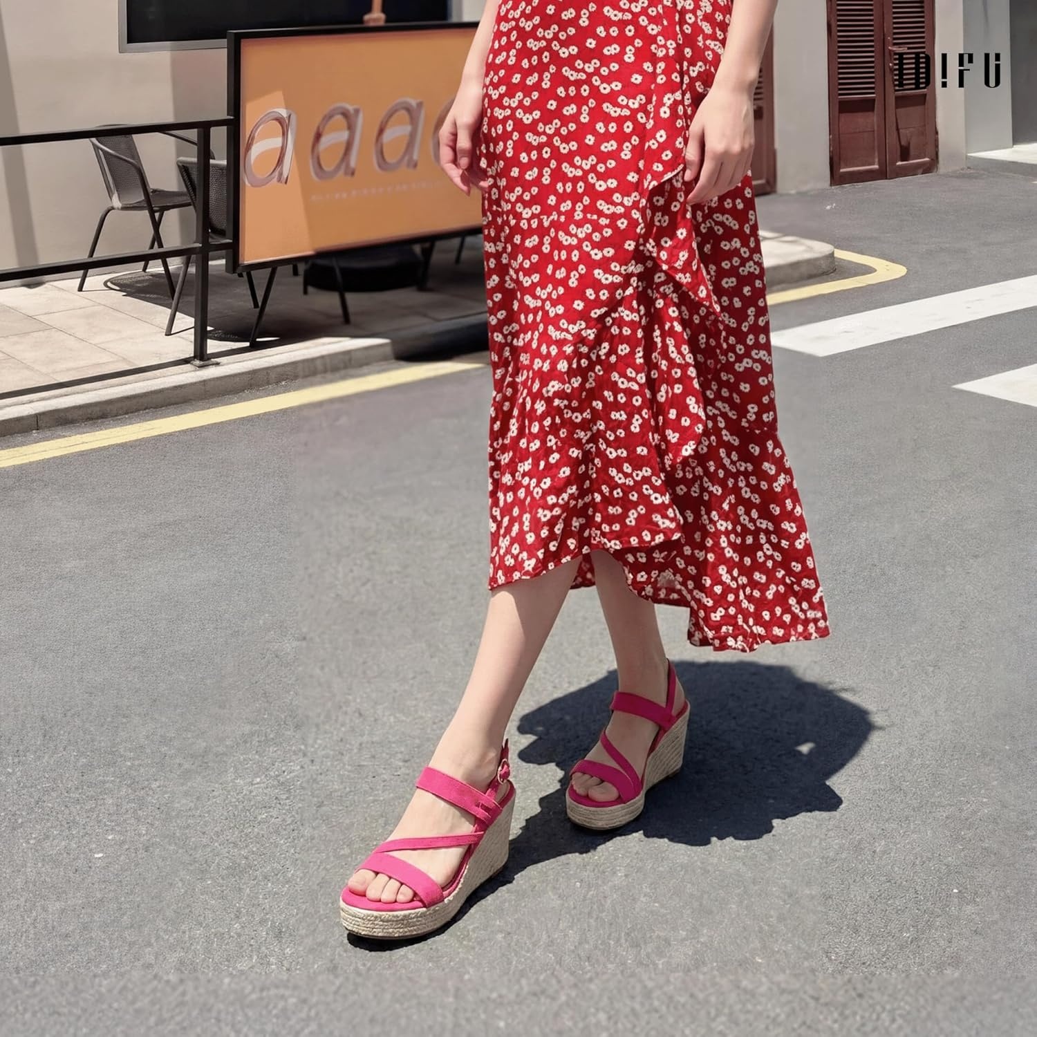 image:imageIDIFU IN4 Espadrille Wedge Sandals for Women Platform Wedges Heels Wedding Bridal Ladies Open Toe Dressy Sandals Comfortable Summer Ankle Strap Strappy High Heel WedgesHot Pink Suede