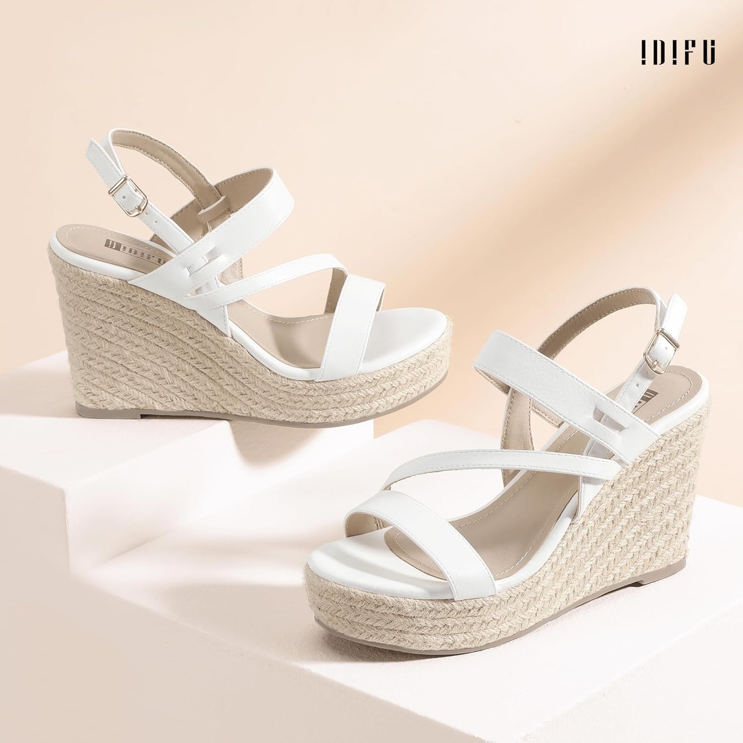 image:imageIDIFU IN4 Espadrille Wedge Sandals for Women Platform Wedges Heels Wedding Bridal Ladies Open Toe Dressy Sandals Comfortable Summer Ankle Strap Strappy High Heel WedgesWhite Pu