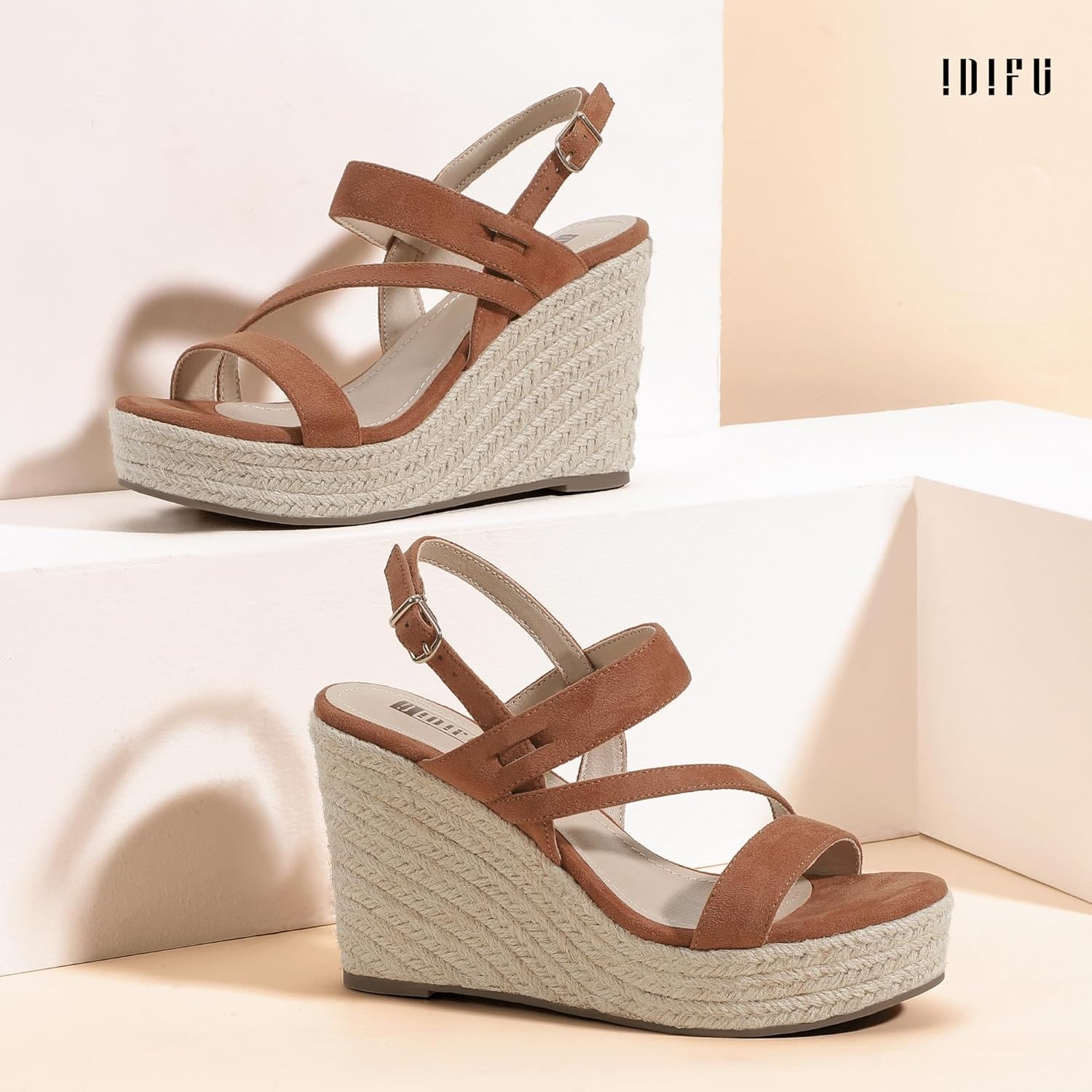 image:imageIDIFU IN4 Espadrille Wedge Sandals for Women Platform Wedges Heels Wedding Bridal Ladies Open Toe Dressy Sandals Comfortable Summer Ankle Strap Strappy High Heel WedgesBrown Suede