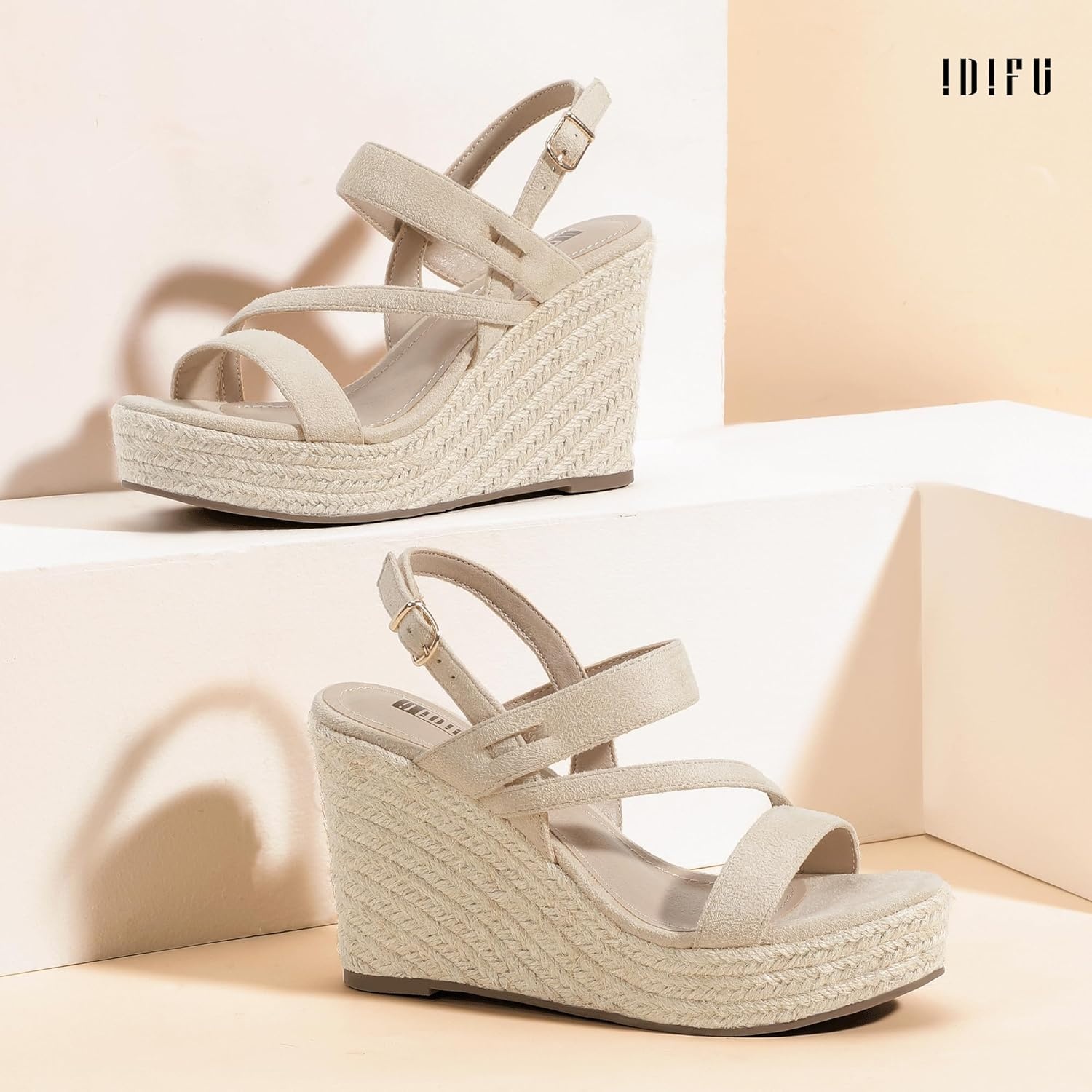 image:imageIDIFU IN4 Espadrille Wedge Sandals for Women Platform Wedges Heels Wedding Bridal Ladies Open Toe Dressy Sandals Comfortable Summer Ankle Strap Strappy High Heel WedgesNude Suede