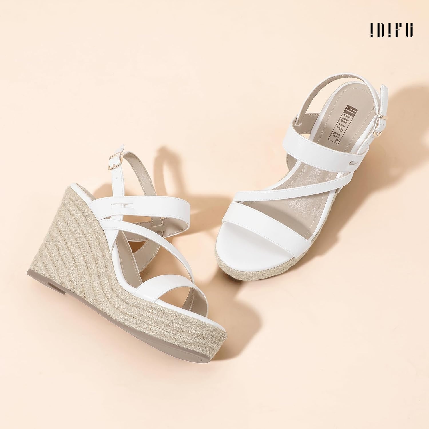 image:imageIDIFU IN4 Espadrille Wedge Sandals for Women Platform Wedges Heels Wedding Bridal Ladies Open Toe Dressy Sandals Comfortable Summer Ankle Strap Strappy High Heel WedgesWhite Pu