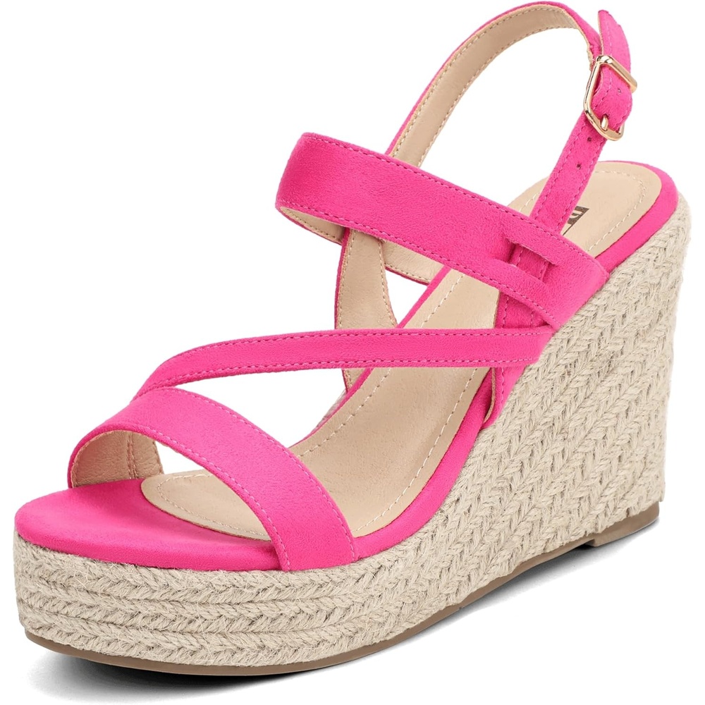 image:imageIDIFU IN4 Espadrille Wedge Sandals for Women Platform Wedges Heels Wedding Bridal Ladies Open Toe Dressy Sandals Comfortable Summer Ankle Strap Strappy High Heel WedgesHot Pink Suede