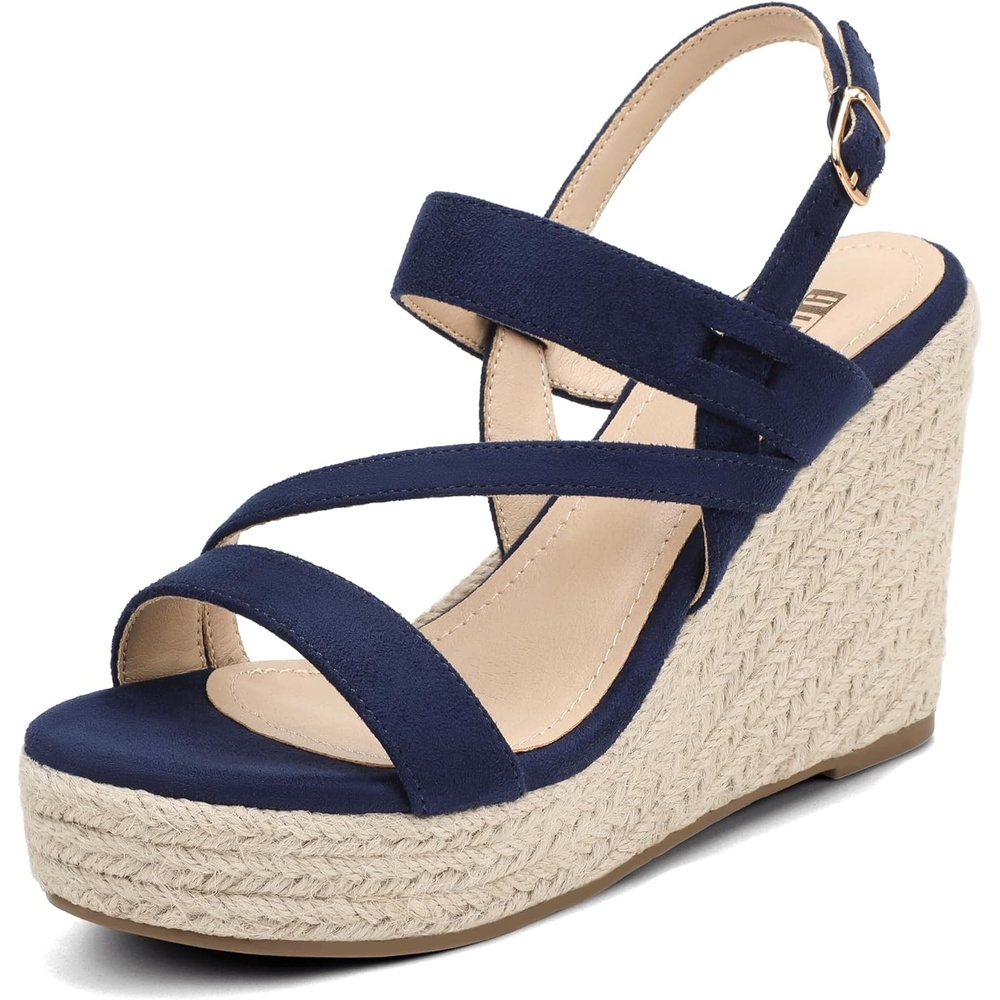 image:imageIDIFU IN4 Espadrille Wedge Sandals for Women Platform Wedges Heels Wedding Bridal Ladies Open Toe Dressy Sandals Comfortable Summer Ankle Strap Strappy High Heel WedgesNavy Blue Suede