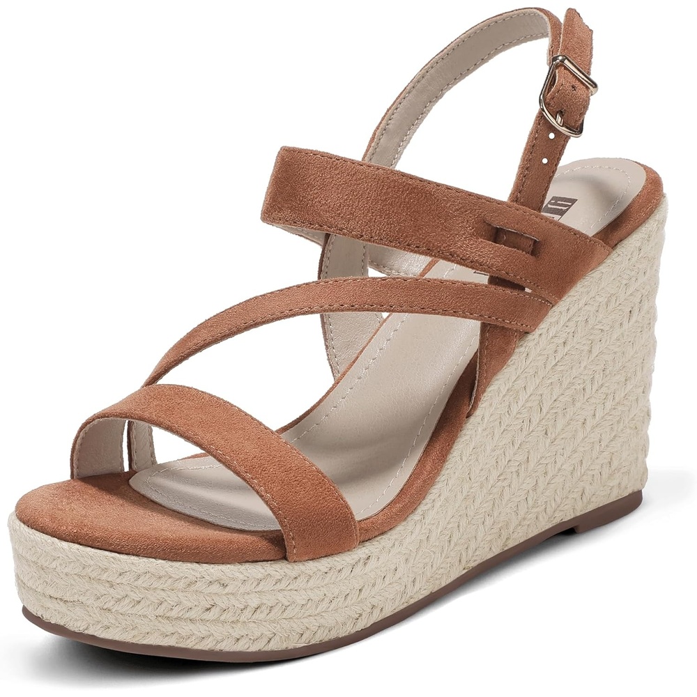 image:imageIDIFU IN4 Espadrille Wedge Sandals for Women Platform Wedges Heels Wedding Bridal Ladies Open Toe Dressy Sandals Comfortable Summer Ankle Strap Strappy High Heel WedgesBrown Suede