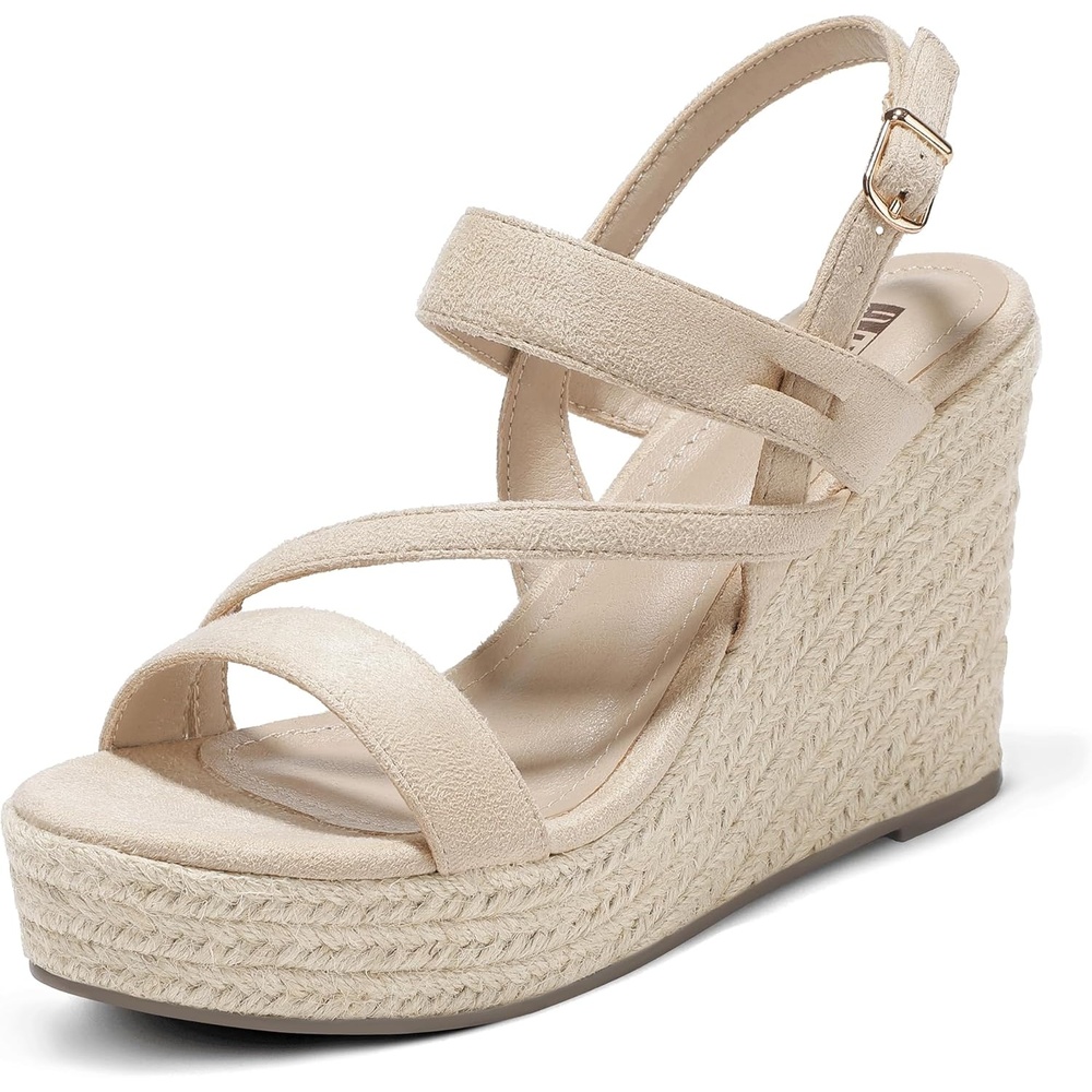 image:imageIDIFU IN4 Espadrille Wedge Sandals for Women Platform Wedges Heels Wedding Bridal Ladies Open Toe Dressy Sandals Comfortable Summer Ankle Strap Strappy High Heel WedgesNude Suede