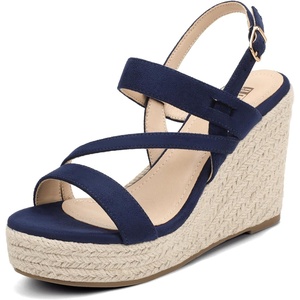 image:imageIDIFU IN4 Espadrille Wedge Sandals for Women Platform Wedges Heels Wedding Bridal Ladies Open Toe Dressy Sandals Comfortable Summer Ankle Strap Strappy High Heel WedgesNavy Blue Suede
